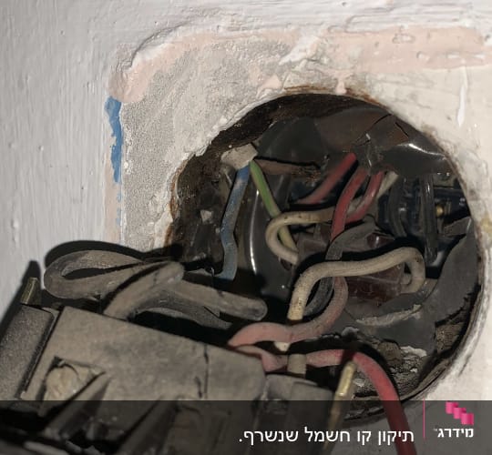 חוטי חשמל צבעוניים בקופסת חיבורים בקיר